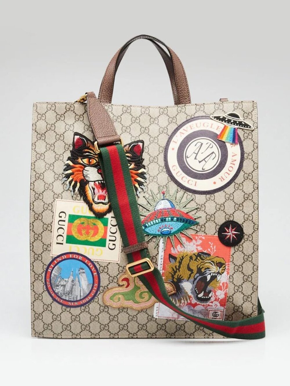 Gucci Beige/Ebony GG Coated Canvas Embroidered Courrier Soft Tote Bag - Picture 2 of 10
